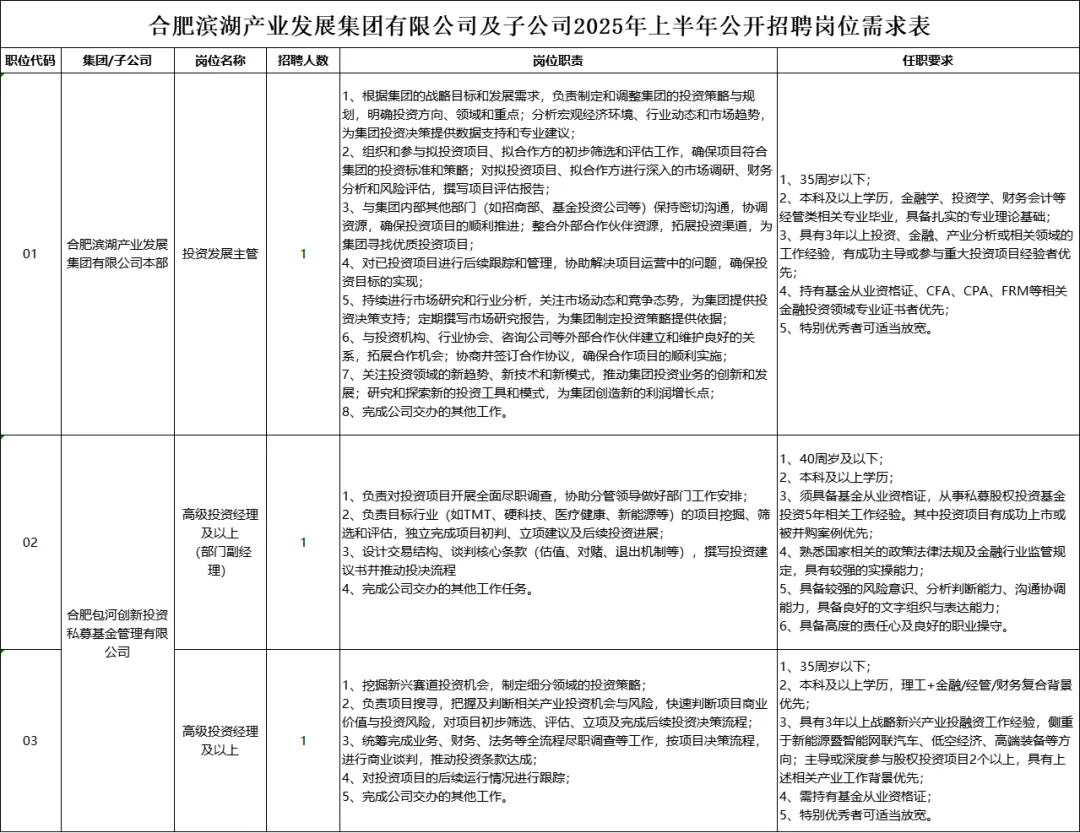 合肥滨湖产业发展集团有限公司招聘工作人员(图1)